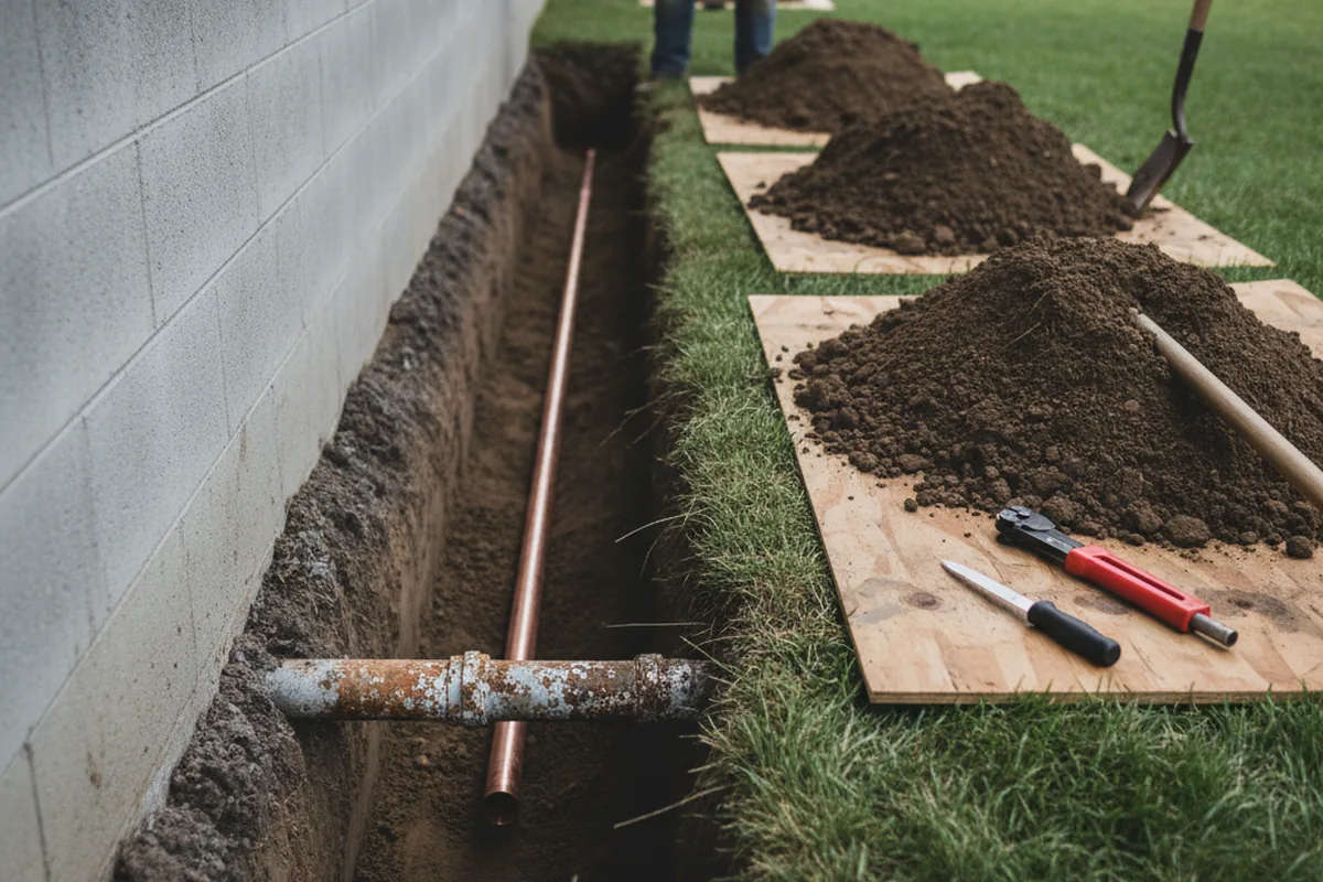 Excavated water line trench during Water Softener Installation in Charleston Afb